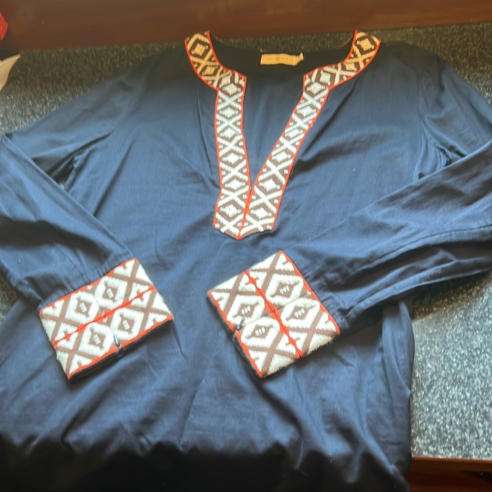 Tory Burch Navy Tunic with Red and White Embroidered Trim